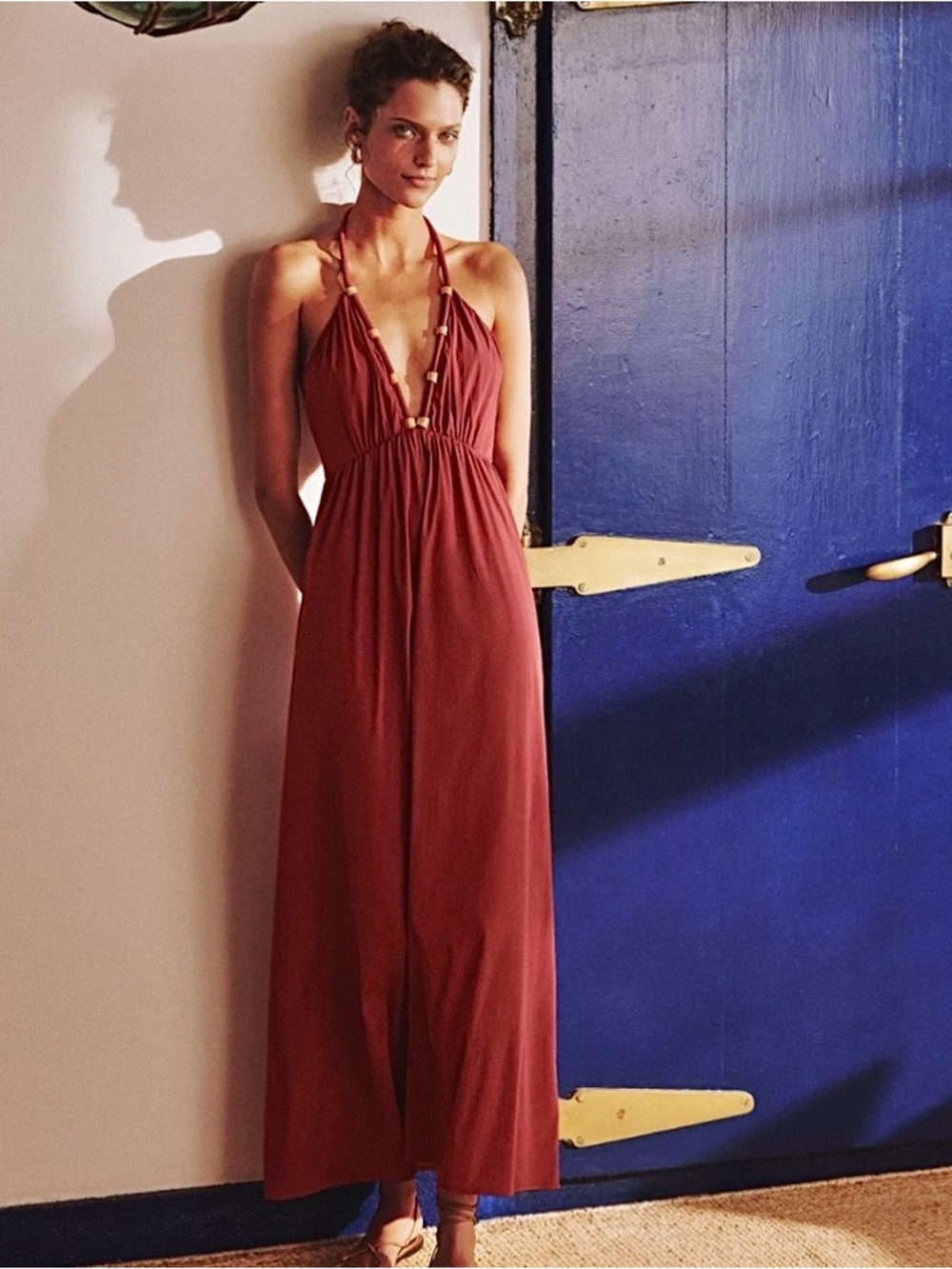 Vix Paula Hermanny Burgundy Gold Maxi Halter Cocktail Dress Large Party Wedding